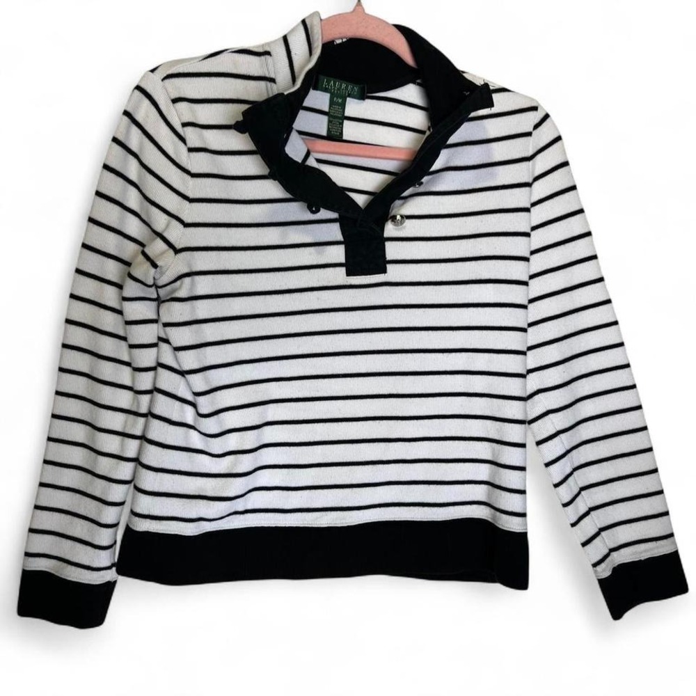 Lauren Ralph Lauren Black White Striped Pullover Sweater Silver Buttons Medium